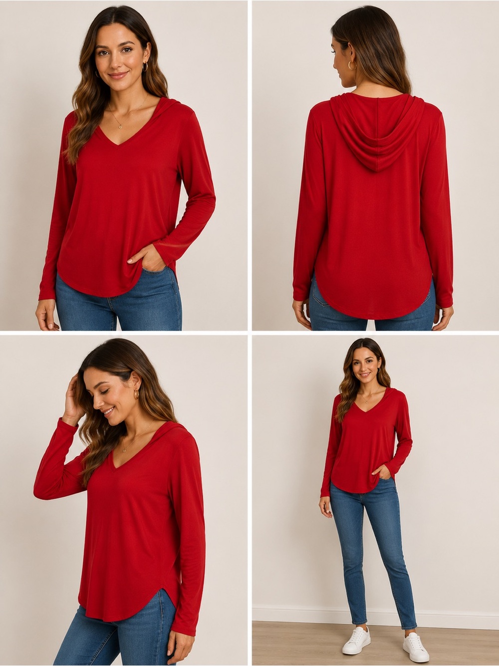 Rue21 Red Hooded Long Sleeve Top Women’s Small Lightweight V-Neck